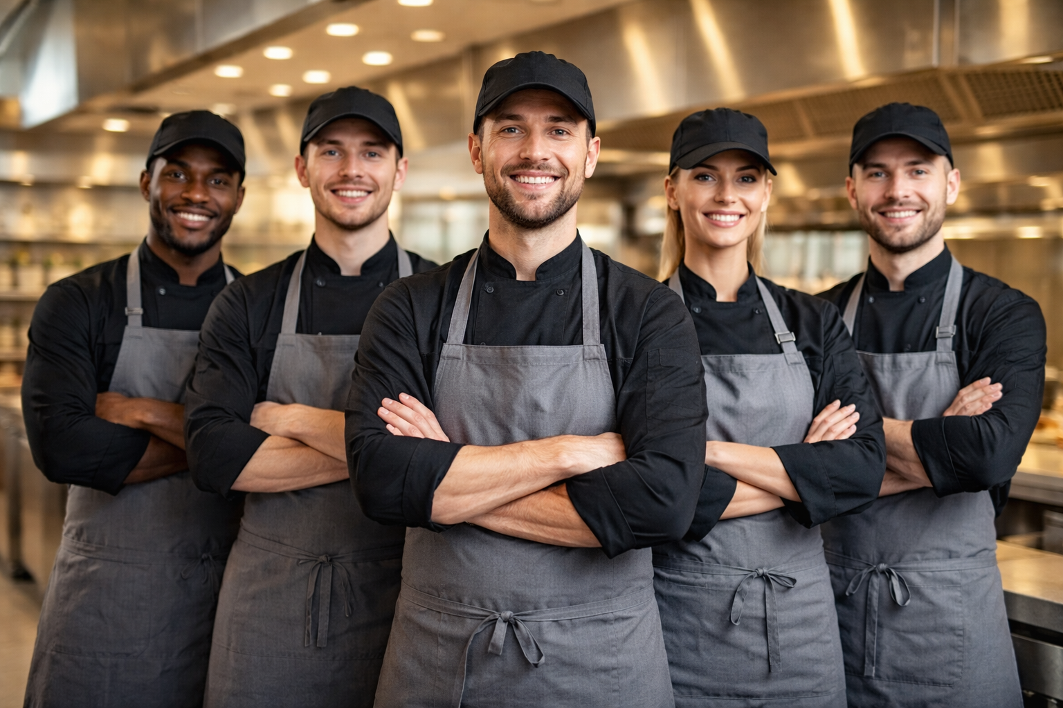 Fünf Köche mit schwarzen Kochjacken, grauen Latzschürzen und schwarzen Basecaps in einer Großküche