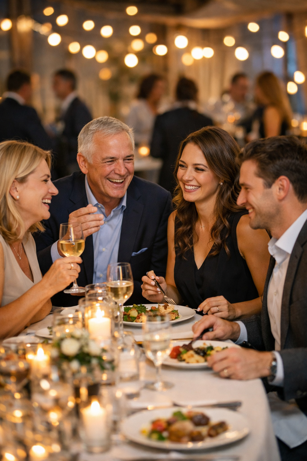 Glückliche Gäste genießen ihr Essen bei einer Veranstaltung